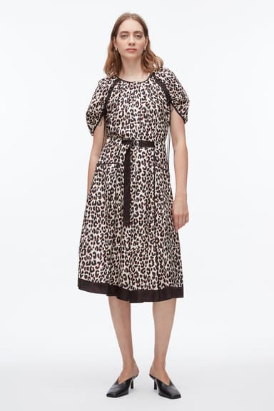 Leopard Ruched Sleeve Midi Dress