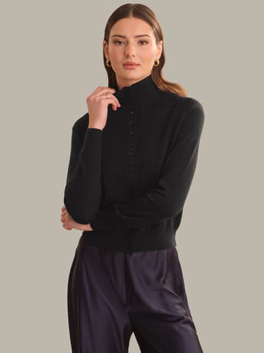 Edith Saddle Shoulder Mock Neck Cardigan