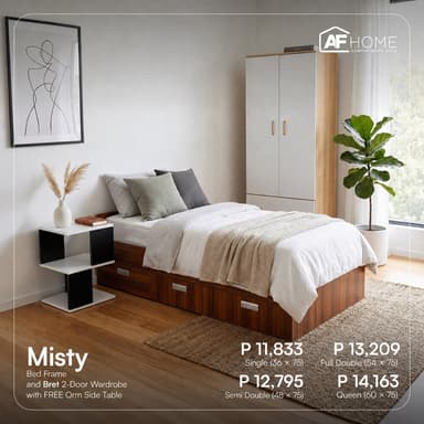 Payday Sale - Misty Bed + Bret 2-Door Wardrobe Free Orm Side Table (Random Color