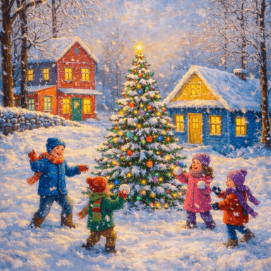 Joyful Christmas Village with Children Playing in Snow
