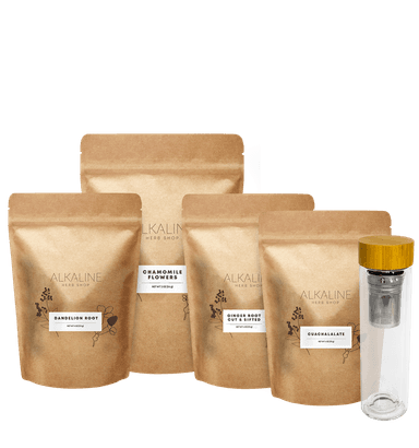 Gut Tea Bundle - Ginger Root, Chamomile Flowers, Dandelion Root, Cuachalalate Bark, and Double Wall Tea Infuser 17oz