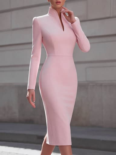 Stand-up collar long sleeve slim fit hipster dress, feminine, commuter dress, medium length