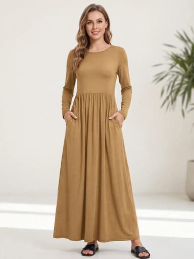 Round Neck Long Sleeve A-Line Maxi Dress with Pockets
