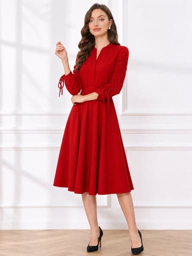 Ruched Lace-Up 3/4 Sleeves Belted A-Line Midi Dress