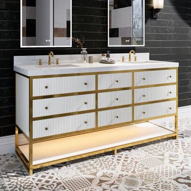 Brillare 72" LED Bath Vanity With Sink,Cultured Marble Top,White,Solid Oak Build,Soft-Close,8 in faucet holes