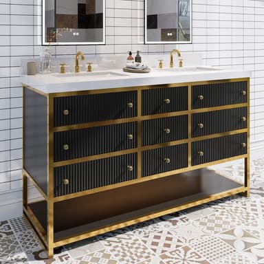 Brillare 60" LED Bath Vanity With Sink,Cultured Marble Top,Black,Solid Oak Build,Soft-Close,8 in faucet holes