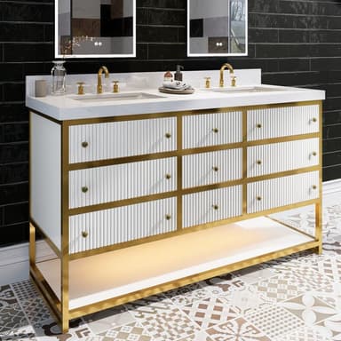 Brillare 60" LED Bath Vanity With Sink,Cultured Marble Top,White,Solid Oak Build,Soft-Close,8 in faucet holes