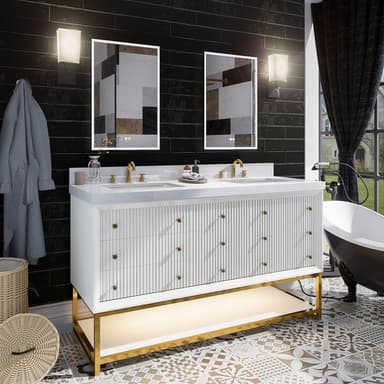 Brillare-W 60" LED Bath Vanity With Sink,Cultured Marble Top,White,Solid Oak Build,Soft-Close,8 in faucet holes