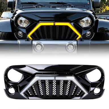 Goliath Grille W/ LED DRL and Turn Signals - Glossy Black For 07-18 Jeep Wrangler JK