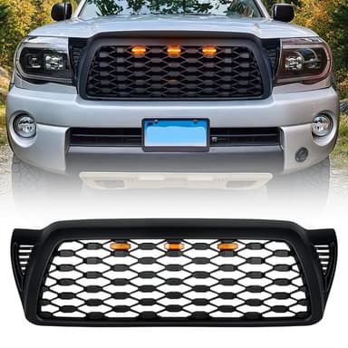 Front Mesh Grille W/ Amber Lights - Matte Black For 2005-2011 Toyota Tacoma