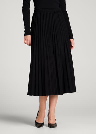 Structured Knit Pleated Midi Skirt for Tall Women in Deep Black