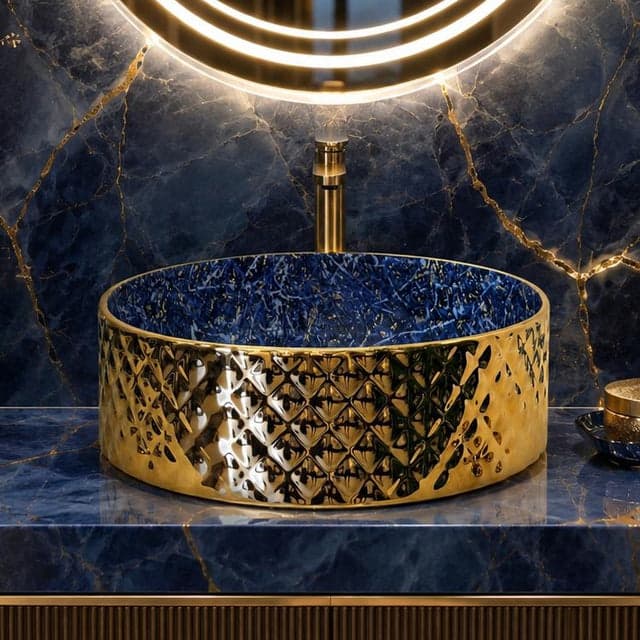 Rossella Fiorillo Ceramic Texture RF Eclisse Line Model Rombo OSL009 Blue RF Texture Interior Gold-plated Exterior Sink