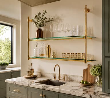 Wall Mounted Solid Brass Bistro Shelving with Glass | 60" W × 40" H × 12" D