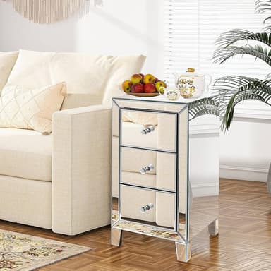 Design Glass Side Table Mirrored Nightstand with 3 Drawer End Table Mirror Accent Silver Table Mirrored Dresser,Nightstand Sets for Bedroom Mini Cabinet Bedside