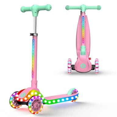 3 Wheel with Light Patterns, Adjustable Height Foldable Scooter for Boys Girls Ages 3-12, Light-Up Handlebars & Deck, 130lbs Weight Limit, Gift for Toddlers, Pi