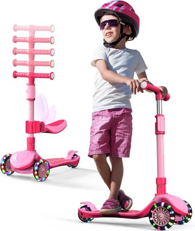 2-in-1 Adjustable Kick Scooter for Kids 3-5 (Suitable 3-12 Years),5-Level Handlebar & Removable Seat, LED Light-Up Wheels, Wide Deck, Foldable Design for Indoor