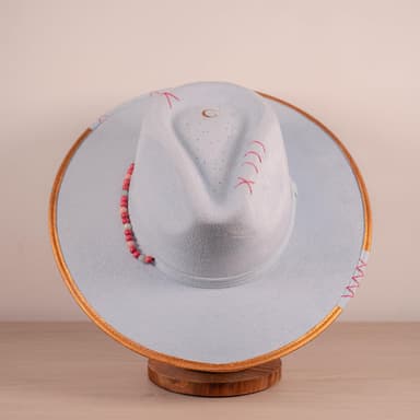 Handcrafted Boho Luna Azul Hat – Light Blue Suede Fedora with Gold Details & Beaded Accents