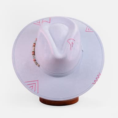 Handcrafted Boho Inti Mist Hat – Soft Blue Suede Fedora with Pink Embroidery & Beaded Accents