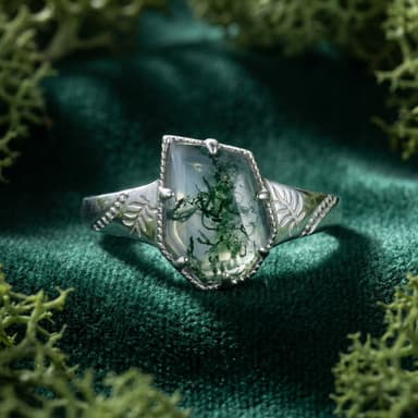 Natural Moss Agate Leaf Design Ring - S925 Sterling Silver in Solid Gold