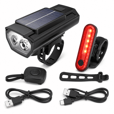 Solar Rechargeable Bike Light Set with Remote Horn | USB Front Headlight & Rear Taillight