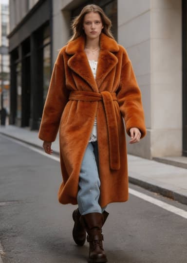 Velvety Belted Faux Rabbit Fur Long Coat in Rust