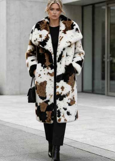 Abstract Cow Print Faux Fur Long Coat