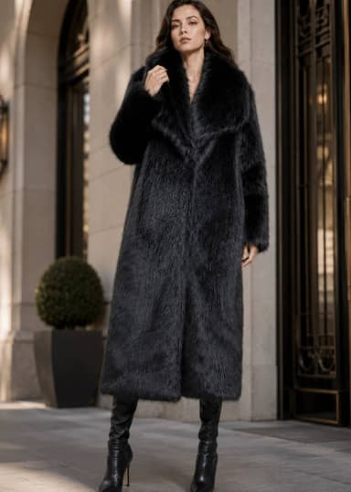 Wide Collar Longline Black Faux Fur Coat