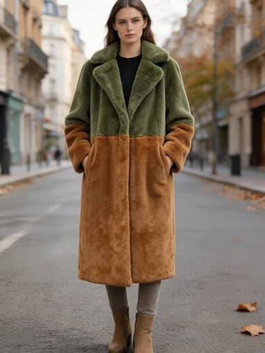 Olive & Rust Colorblock Longline Faux Fur Coat