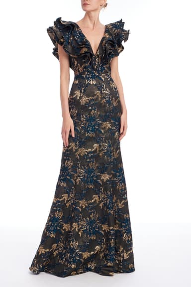 Ruffle Metallic Jacquard Mermaid Gown
