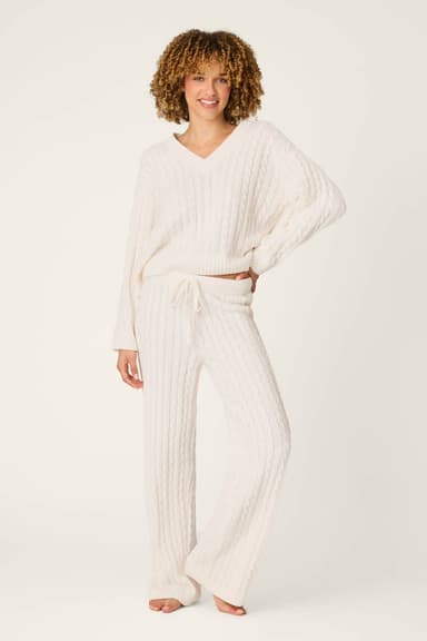 Cozy Chenille Cable Knit Ivory V-Neck Lounge Set