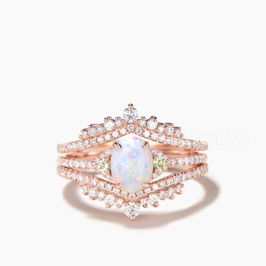 Oval Cut White Opal Cluster Bridal Ring Set Moissanite Enhancer Wedding Band