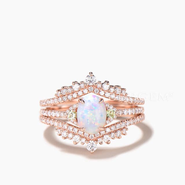 Oval Cut White Opal Cluster Bridal Ring Set Moissanite Enhancer Wedding Band