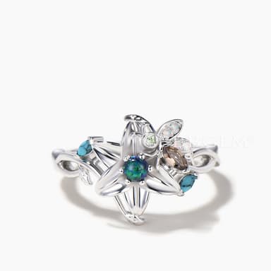 Round Cut Black Opal Floral Wedding Ring Quartz Turquoise Bee Twisted Ring