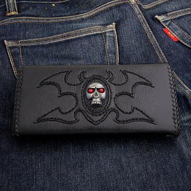 Red Eye Skull Leather Trucker Wallet — Tribal Wings & Stingray Inlay