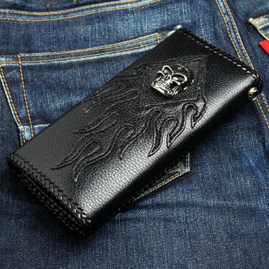 Skull Stingray Inlaid Leather Biker Chain Wallet — Braided Edge