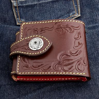 Dark Brown Hand-Tooled Leather Biker Wallet — Onyx Concho