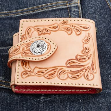 Hand-Carved Natural Leather Biker Wallet — Onyx Concho