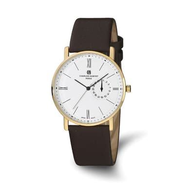 Charles Hubert Mens Stainless Steel White Dial Blk Leather Dress Watch