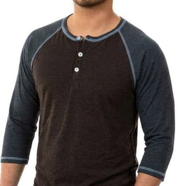 Tri-Blend Contrast 3/4 Sleeve Baseball Henley Shirt in Espresso & Steel Blue- Made in USA