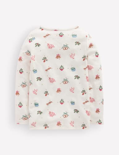 Long Sleeve Pointelle Top-Ivory Festive Print