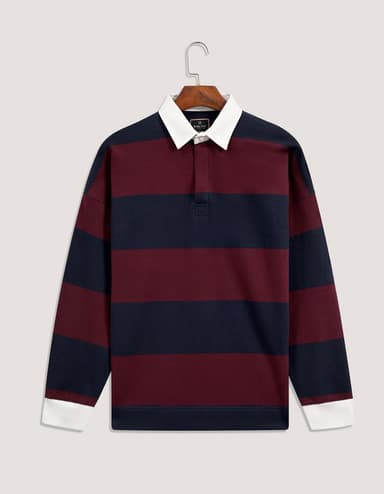 Relax Fit Navy Striped Cotton Rugby Polo