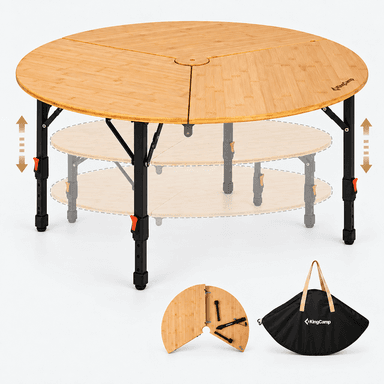 KingCamp BAMBOO P95D PLUS Round Bamboo Camping Table, 14.2"-23.6" Adjustable Height, 37.4" Folding Outdoor Table