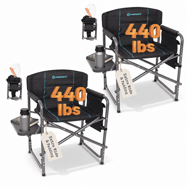 FUNDANGO Oversized Director Chair with Side Table, Padded Folding Camping Chair with Storage Pocket, 440 lbs Capacity