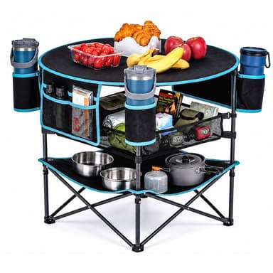 FUNDANGO EasyCamp D70 Folding Camping Table, Portable Outdoor Table with 4 Cup Holders, Storage Pockets & Lower Mesh Shelf