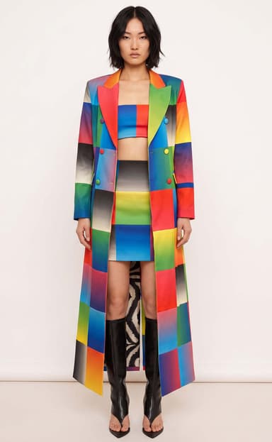 Rainbow Gradient Double-Breasted Power Check Maxi Blazer