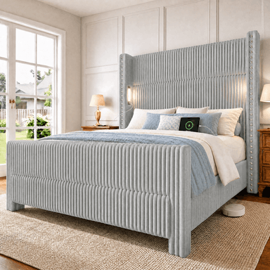 BR03 Bed Frame with 56.7" Tall Headboard & Reading Lights,Light Grey