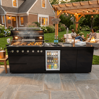 Cherylife 85-Inch 4-Burner 72,000 BTU Gas Grill Island – Outdoor Kitchen with Wine Cooler, Refrigerator, Rotisserie, Granite Countertops & Sink