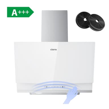 CIARRA 60cm White Frosted Glass Angled Cooker Hood, A+++ Energy Rating, Gesture & Touch Dual Control, 710m³/h Extraction Convertible CBCW6736A