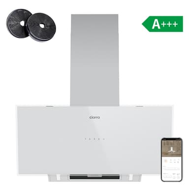 CIARRA 90cm White Frosted Glass Angled Cooker Hood, A+++ Energy Rating, Wi-Fi & Touch Control, 698m³/h Extraction | CBCW9763A