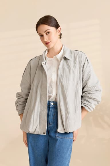 Womens Grey Corduroy Zipper Collared Jackets | Cicy Bell